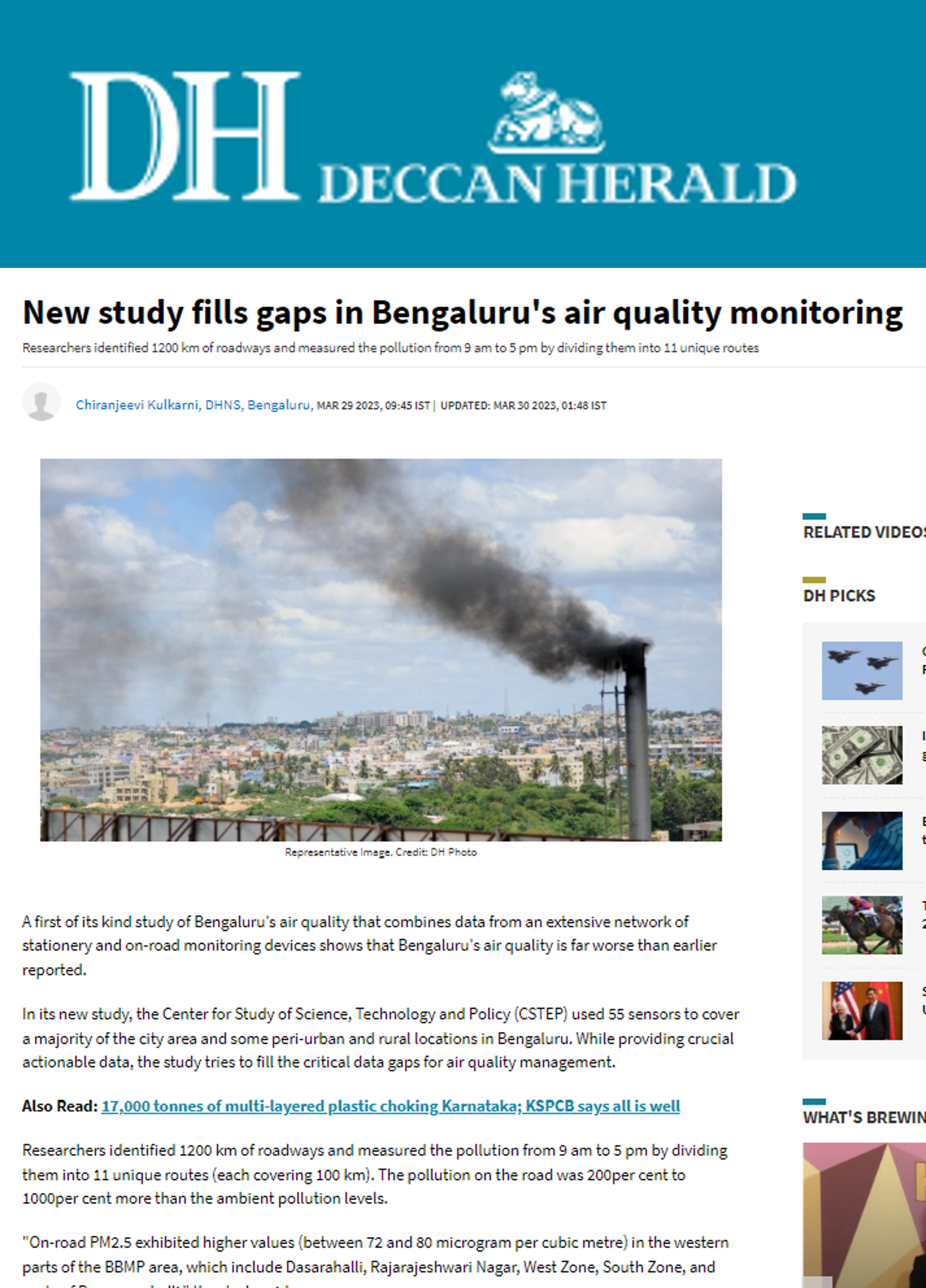 CSTEP’s study on air quality monitoring in Bengaluru covered by Deccan Herald